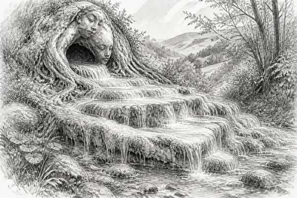 Schwarz-weiße Illustration: Lillachquelle und Sinterterrassen