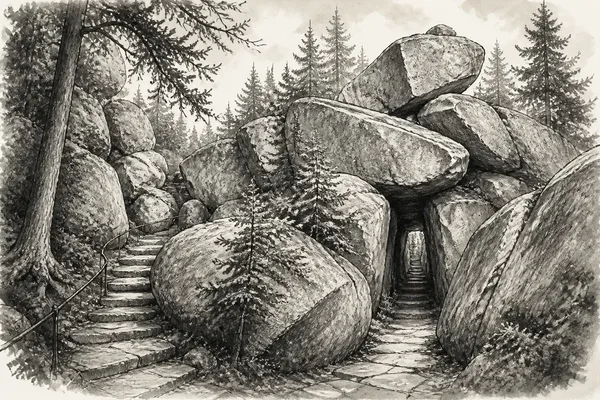 Schwarz-weiße Illustration: Luisenburg-Felsenlabyrinth