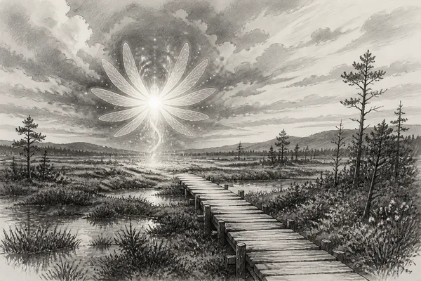 Schwarz-weiße Illustration: Das Moorlicht mit den zwölf Flügeln