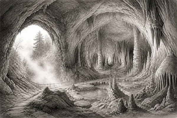 Schwarz-weiße Illustration: Nebelhöhle auf der Schwäbischen Alb
