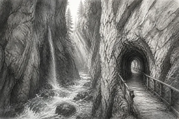 Schwarz-weiße Illustration: Partnachklamm