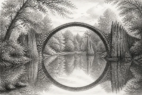 Schwarz-weiße Illustration: Rakotzbrücke im Kromlauer Park