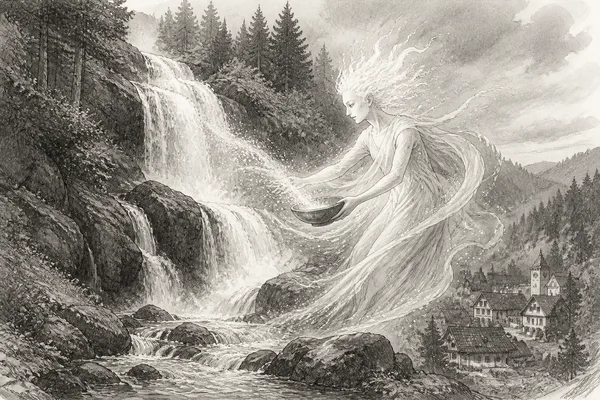 Schwarz-weiße Illustration: Der Regenbogenhüter von Triberg