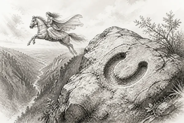 Schwarz-weiße Illustration: Die Roßtrappe über dem Bodetal
