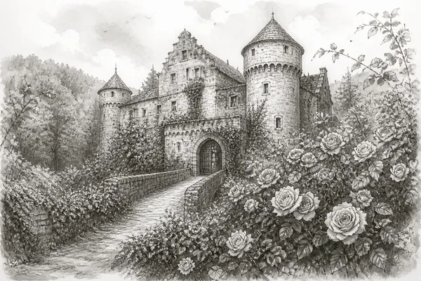 Schwarz-weiße Illustration: Sababurg – das Dornröschenschloss