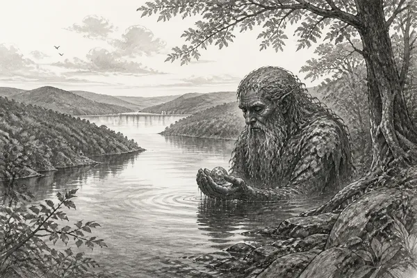 Schwarz-weiße Illustration: Die Smaragdhüter am Edersee