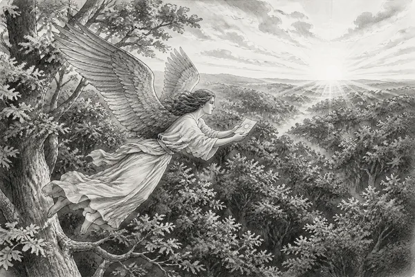 Schwarz-weiße Illustration: Die Sonnenbotin im Hainich