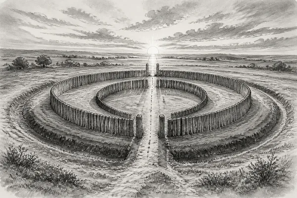 Schwarz-weiße Illustration: Sonnenobservatorium Goseck