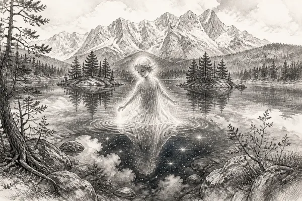 Schwarz-weiße Illustration: Das Sternenkind vom Eibsee
