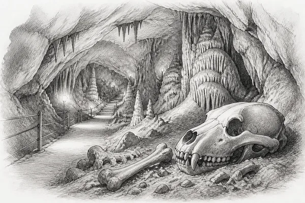 Schwarz-weiße Illustration: Teufelshöhle bei Pottenstein