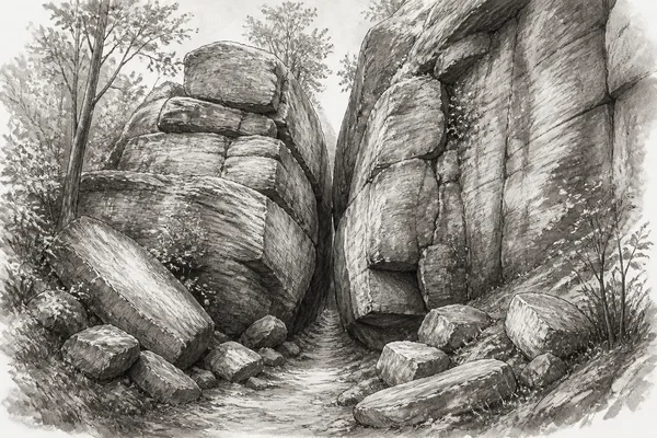 Schwarz-weiße Illustration: Teufelsschlucht in der Eifel