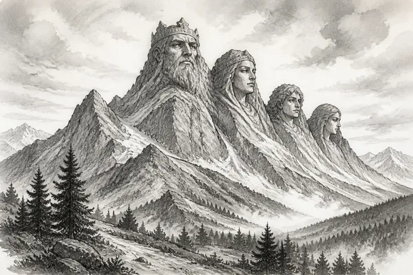 Schwarz-weiße Illustration: Watzmann und seine steinerne Familie