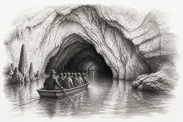 Schwarz-weiße Illustration: Wimsener Höhle